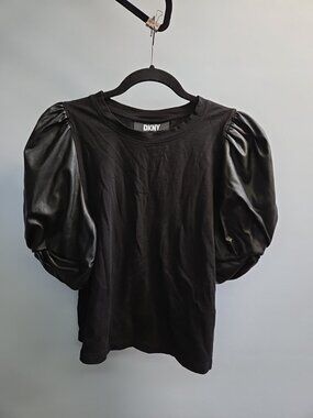 DKNY Women’s Shirt Black Size Small Faux Leather Puff Sleeve Avant Garde NWOT